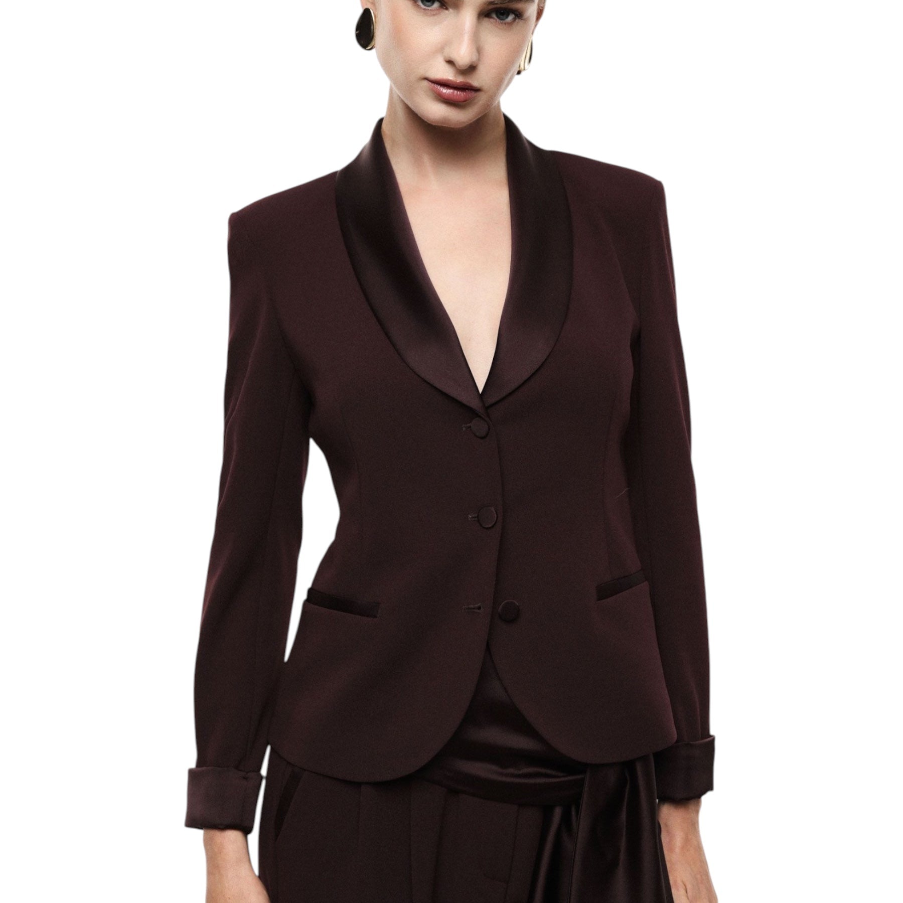 Blazer monopetto con revers a scialle e tasche donna bordeaux imperial