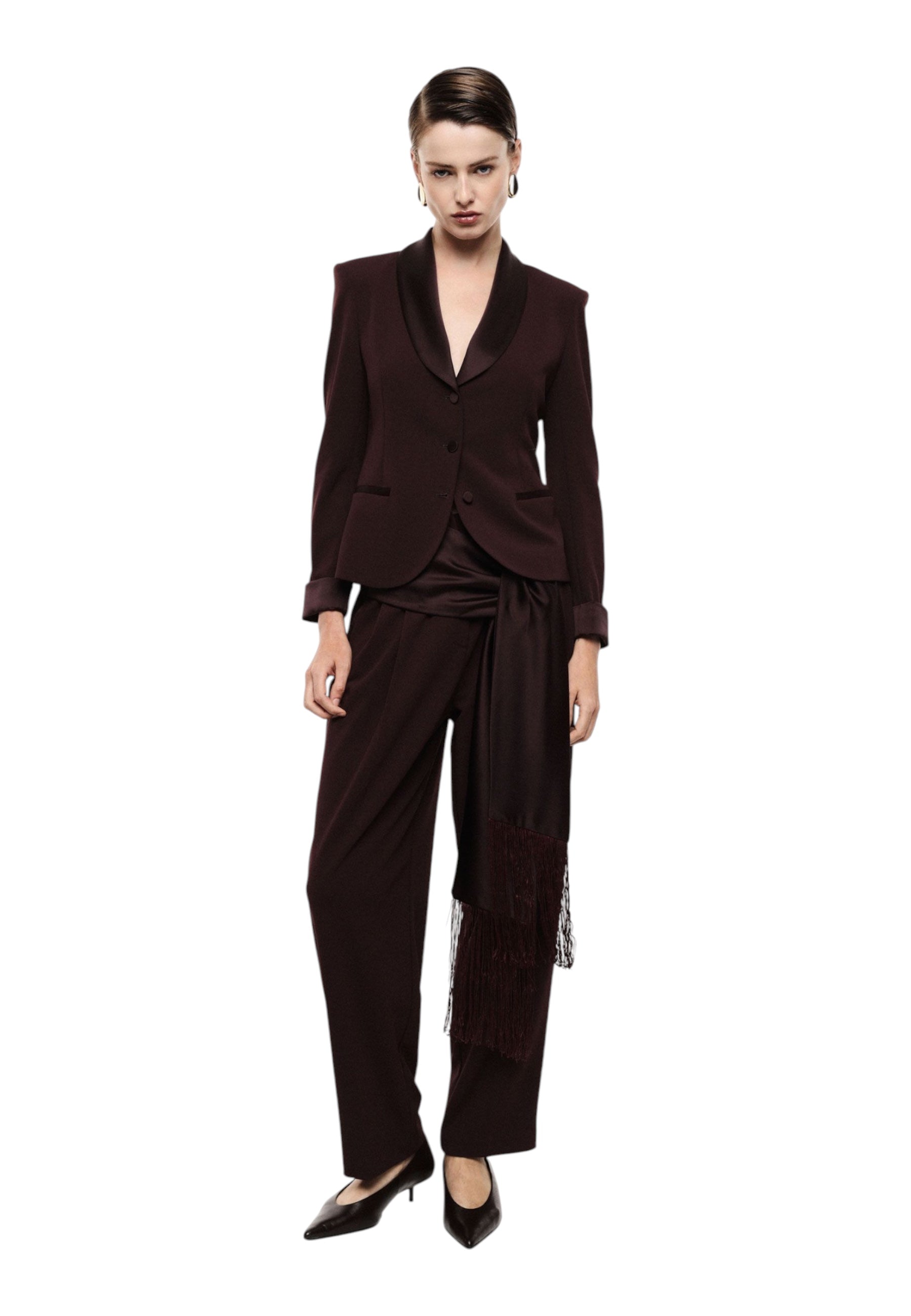 Blazer monopetto con revers a scialle e tasche donna bordeaux imperial