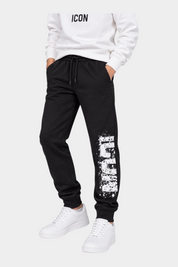 Pantaloni jogger neri Follower Official per bambino con stampa ICON bianca effetto vernice e coulisse in vita