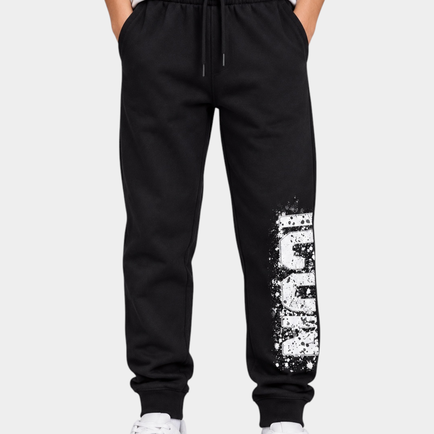 Pantaloni jogger Follower Official neri per bambino con stampa ICON bianca effetto vernice e vita elasticizzata