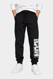 Pantaloni jogger Follower Official neri per bambino con stampa ICON bianca effetto vernice e vita elasticizzata