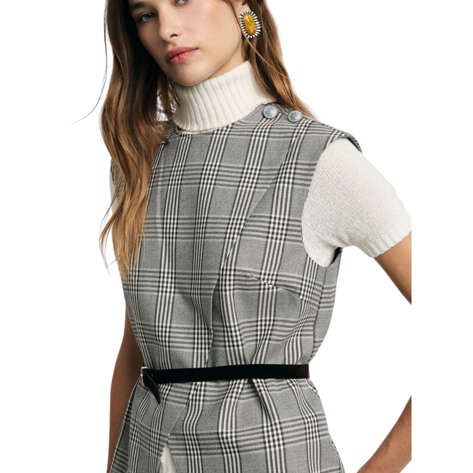 Gilet scozzese con cintura sottile e zip donna grigio please