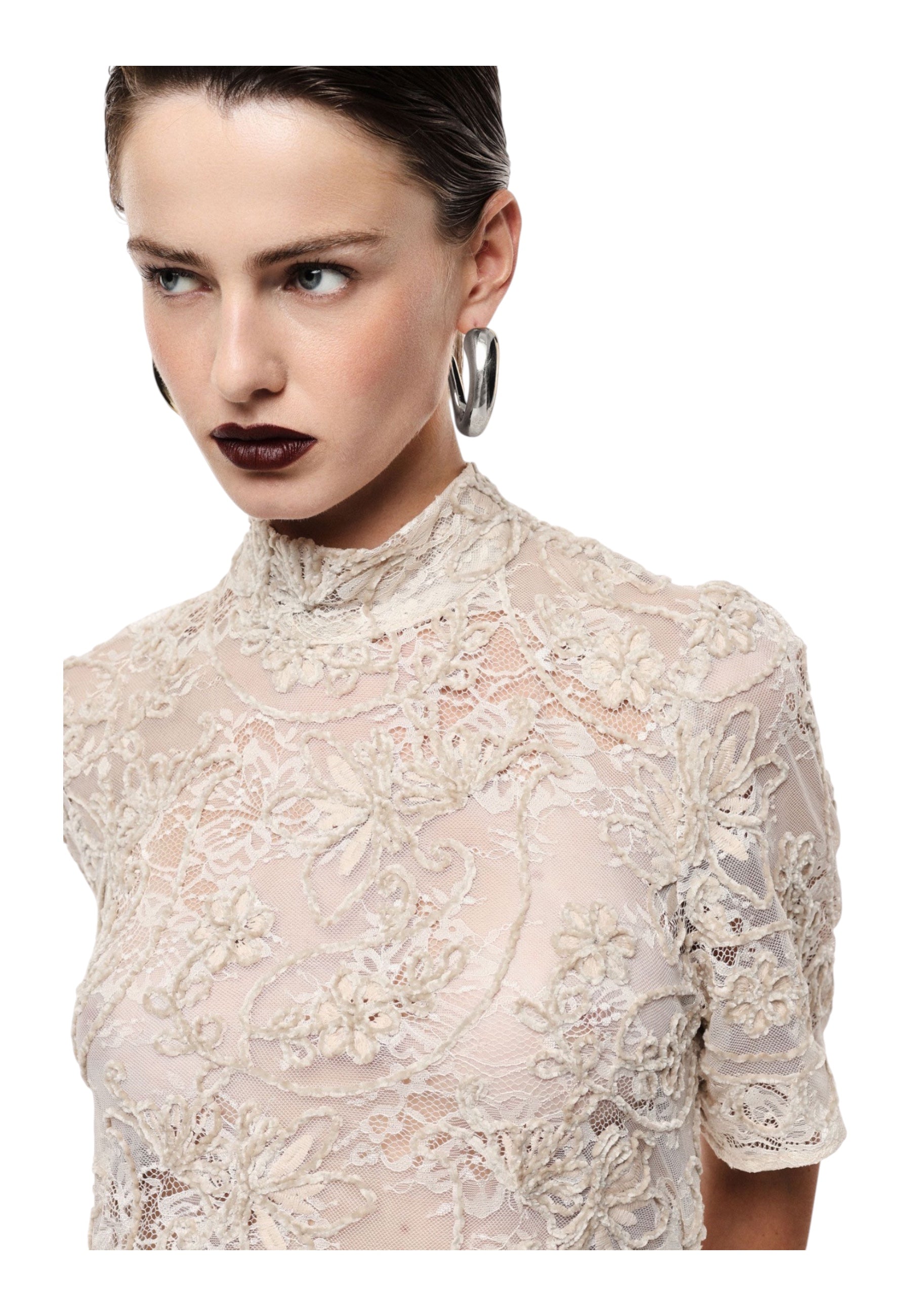 Top pizzo trasparente manica corta donna avorio imperial