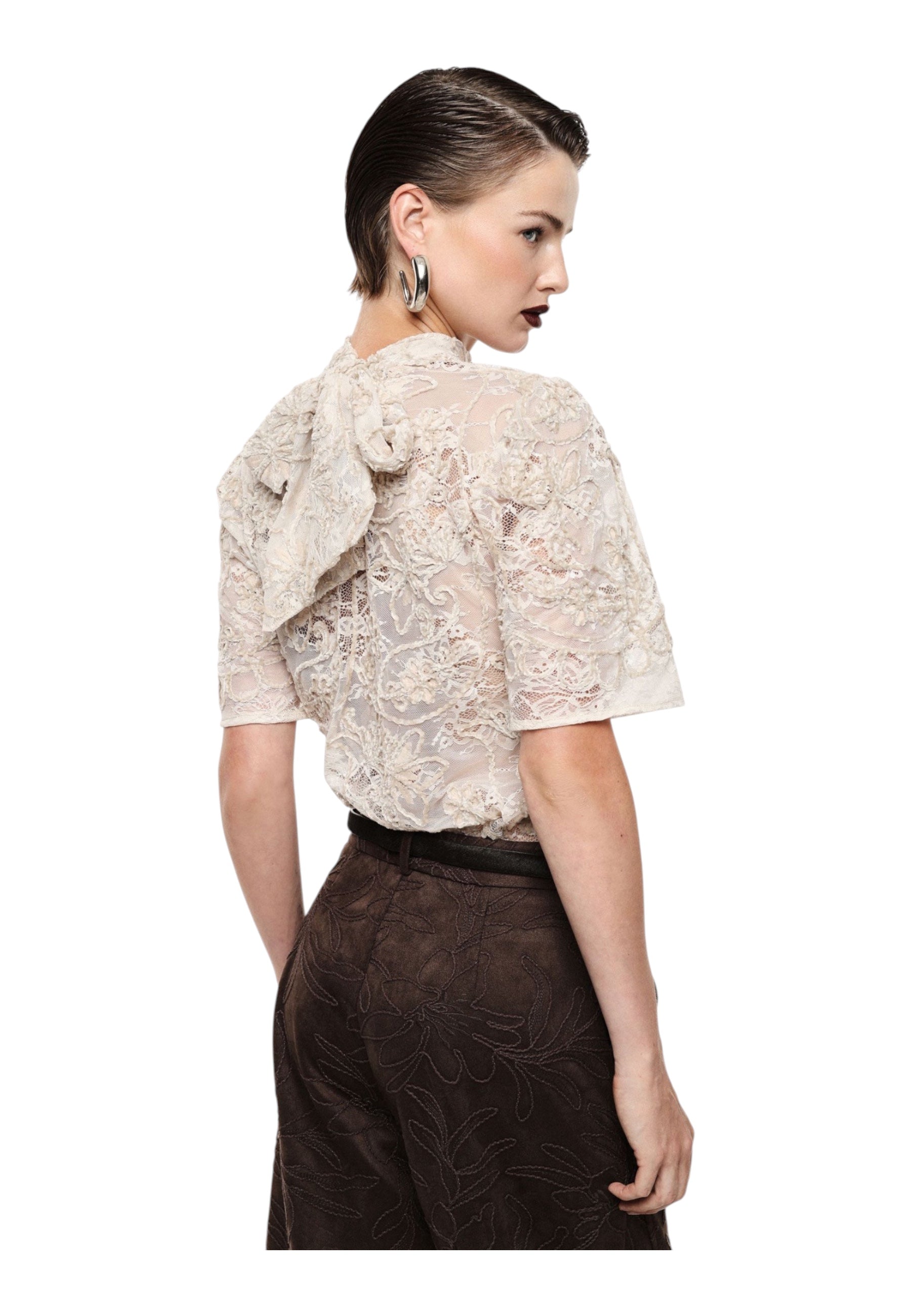 Top pizzo trasparente manica corta donna avorio imperial