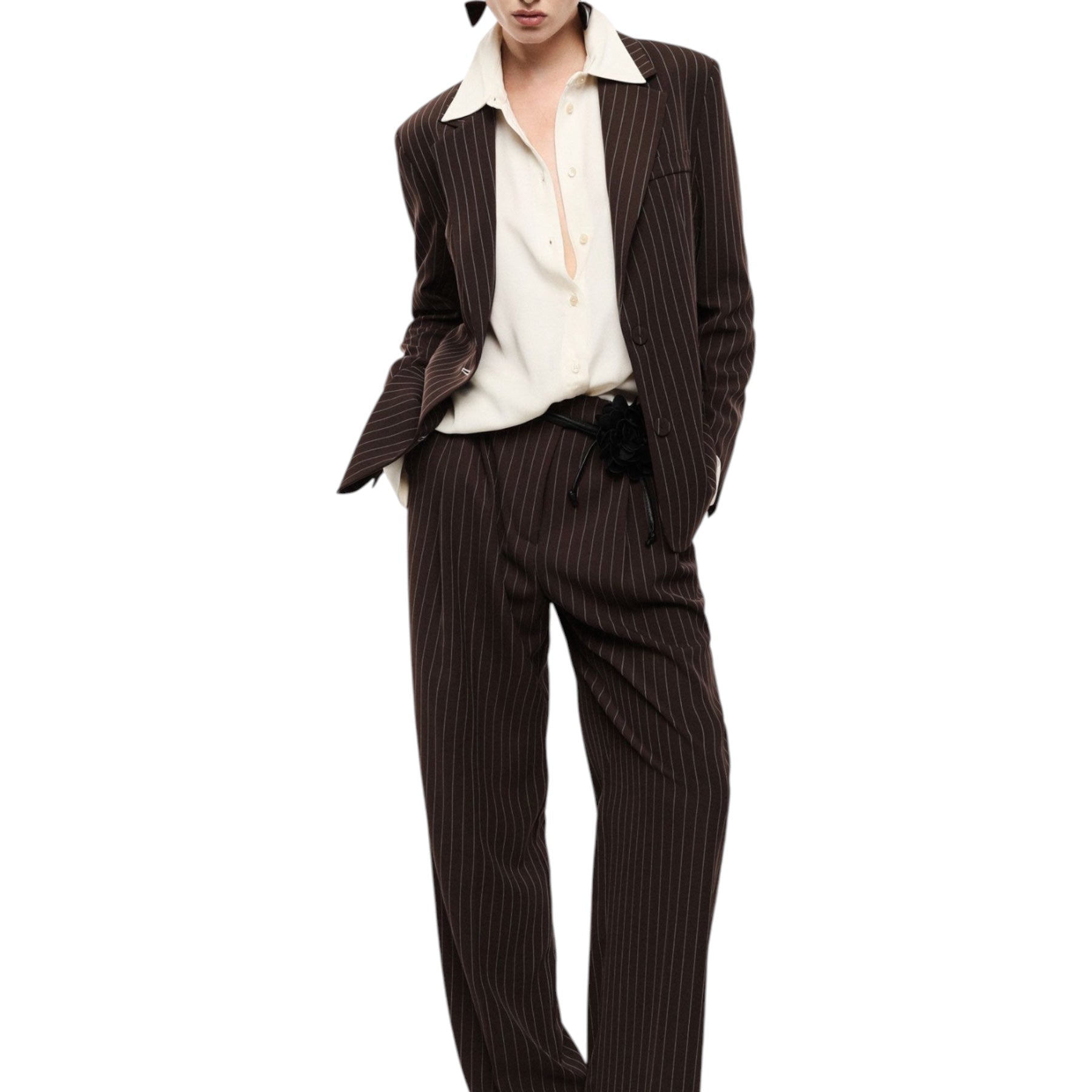 Pantaloni palazzo a righe con cintura fiore donna marrone imperial