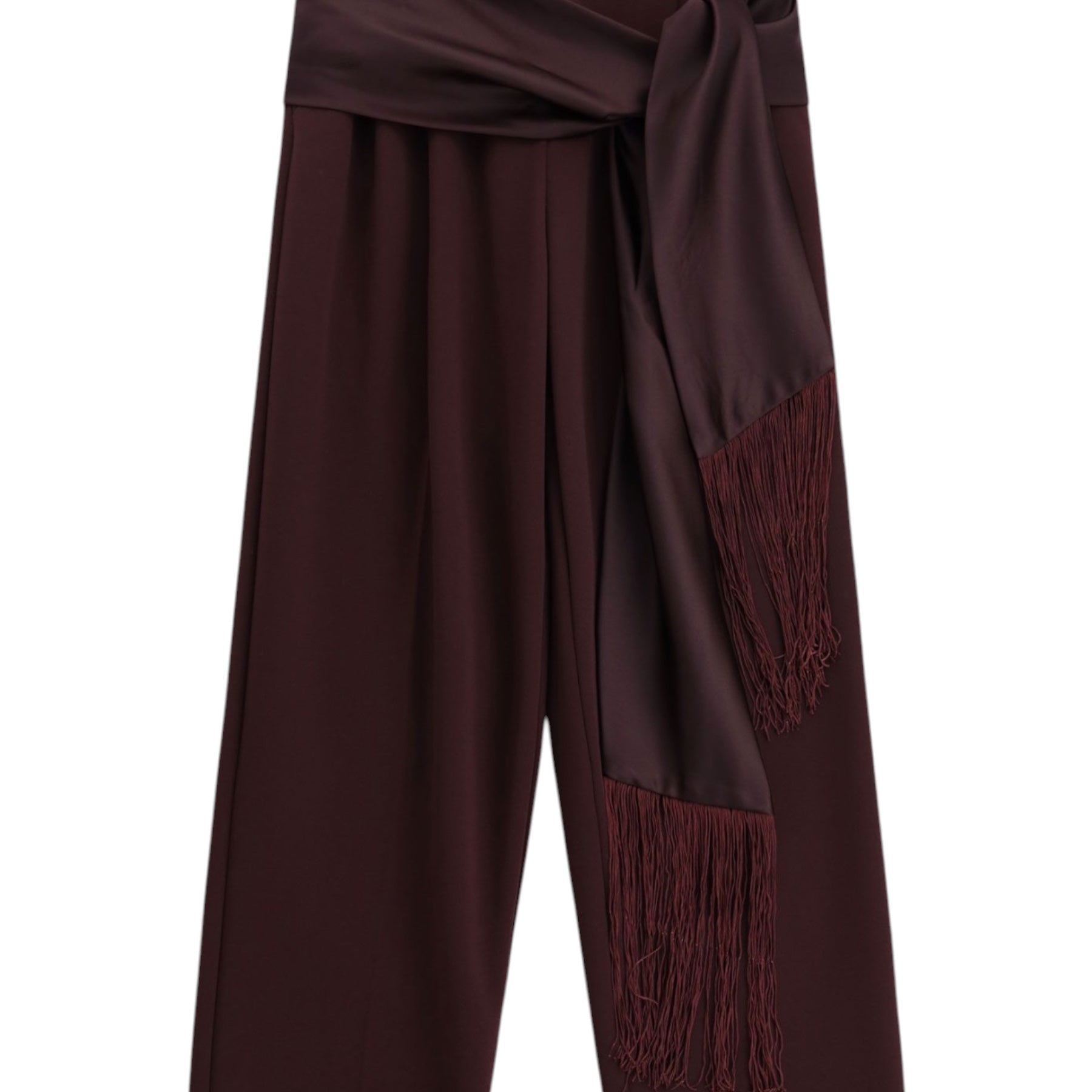 Pantaloni palazzo a vita alta con frange donna bordeaux imperial