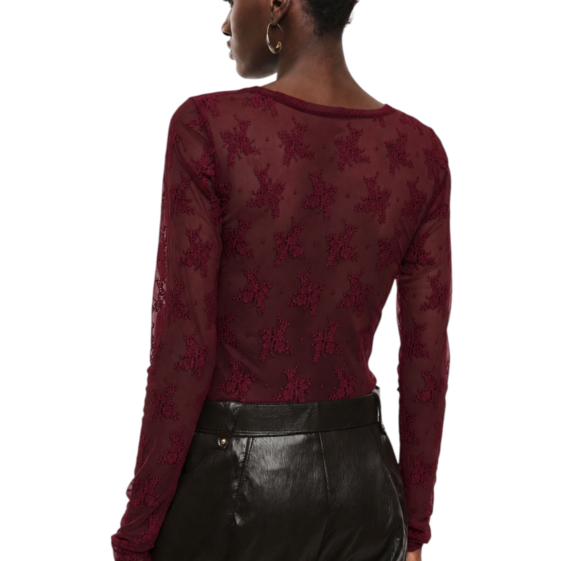 Top trasparente a maniche lunghe donna bordeaux imperial