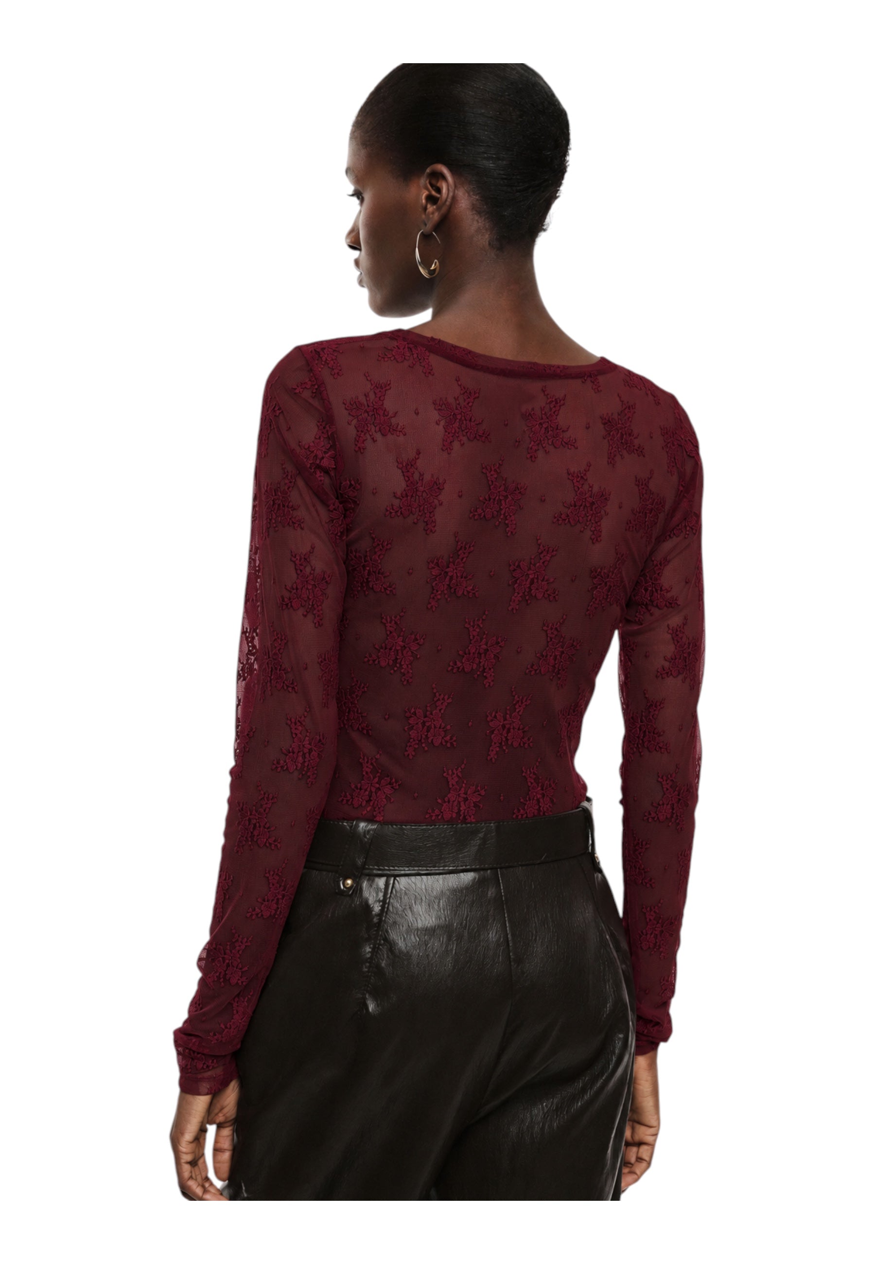 Top trasparente a maniche lunghe donna bordeaux imperial