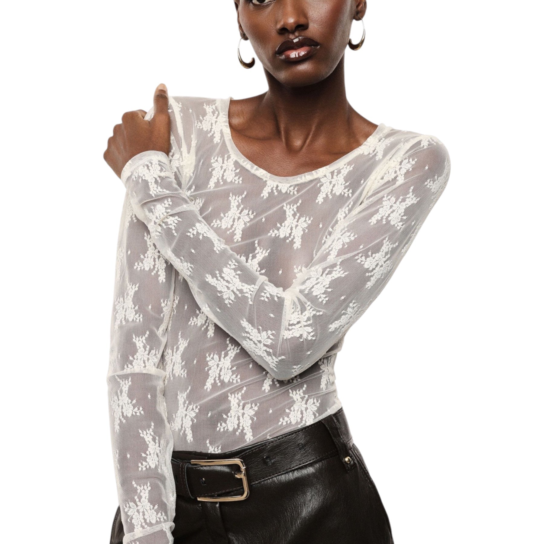 Top trasparente a maniche lunghe donna avorio imperial