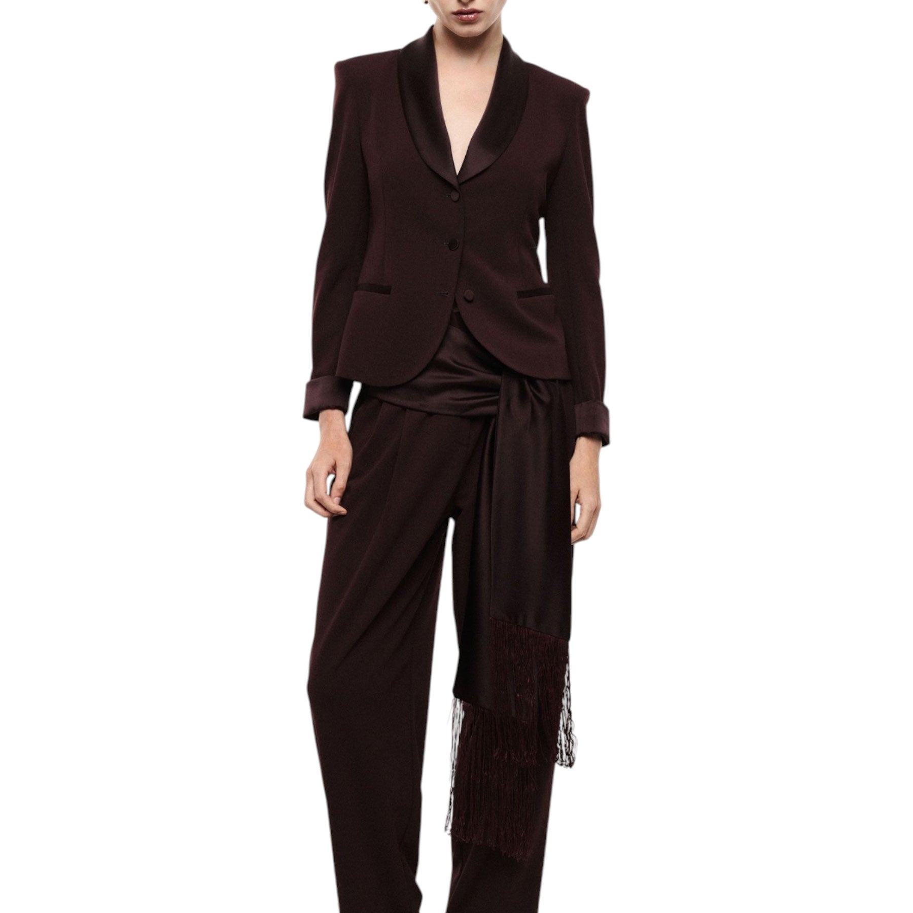 Pantaloni palazzo a vita alta con frange donna bordeaux imperial
