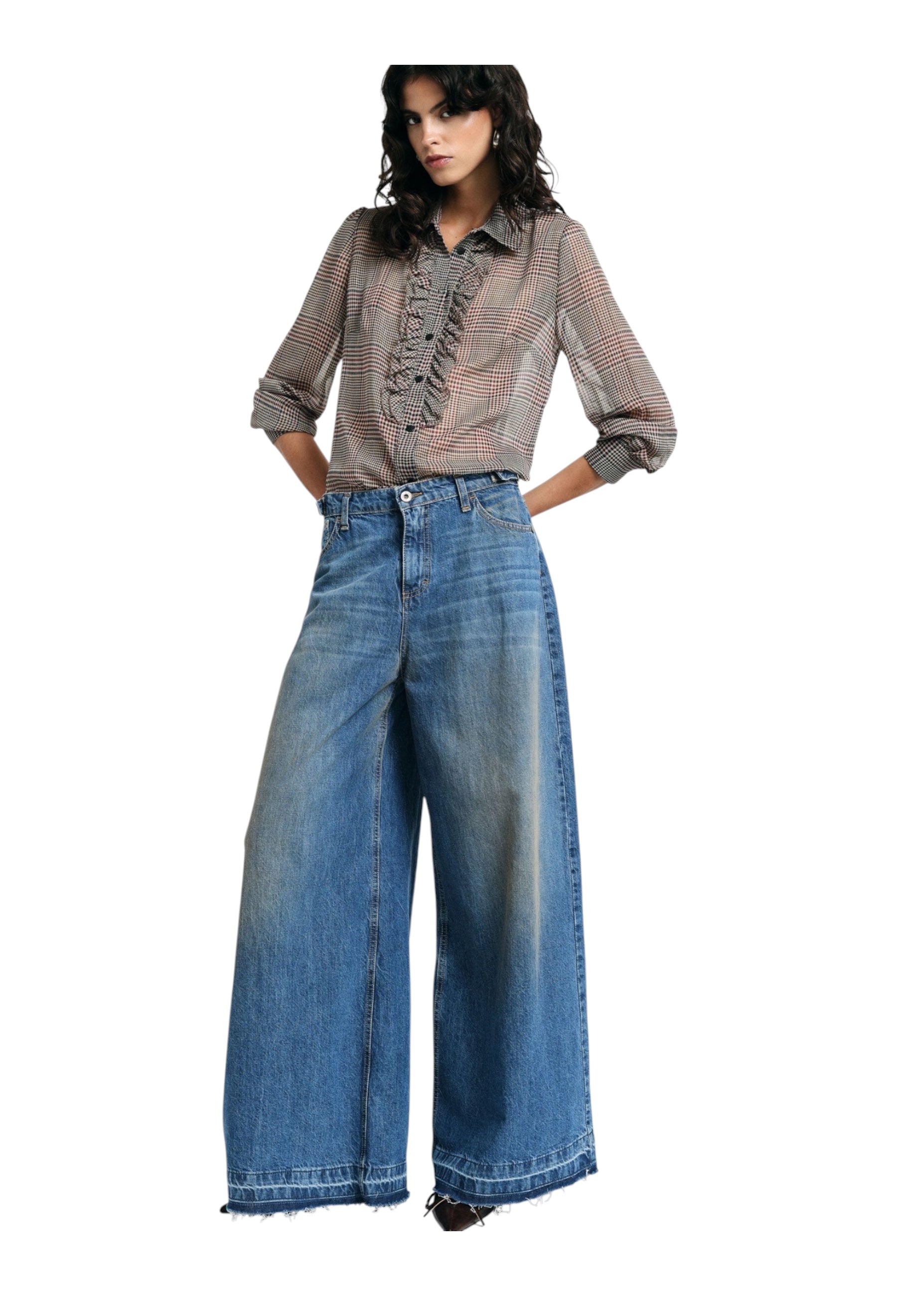 Jeans a gamba ampia con fondo sfrangiato Donna Blu PLEASE