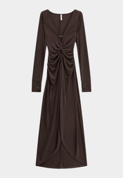 Abito lungo arricciato con spacco frontale donna marrone imperial - abiti