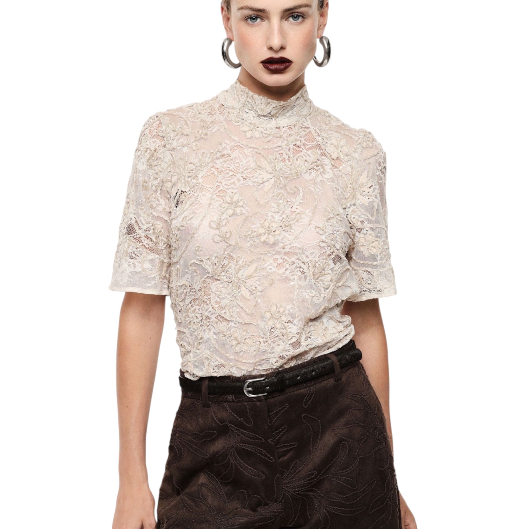 Top pizzo trasparente manica corta donna avorio imperial