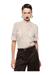 Top pizzo trasparente manica corta donna avorio imperial