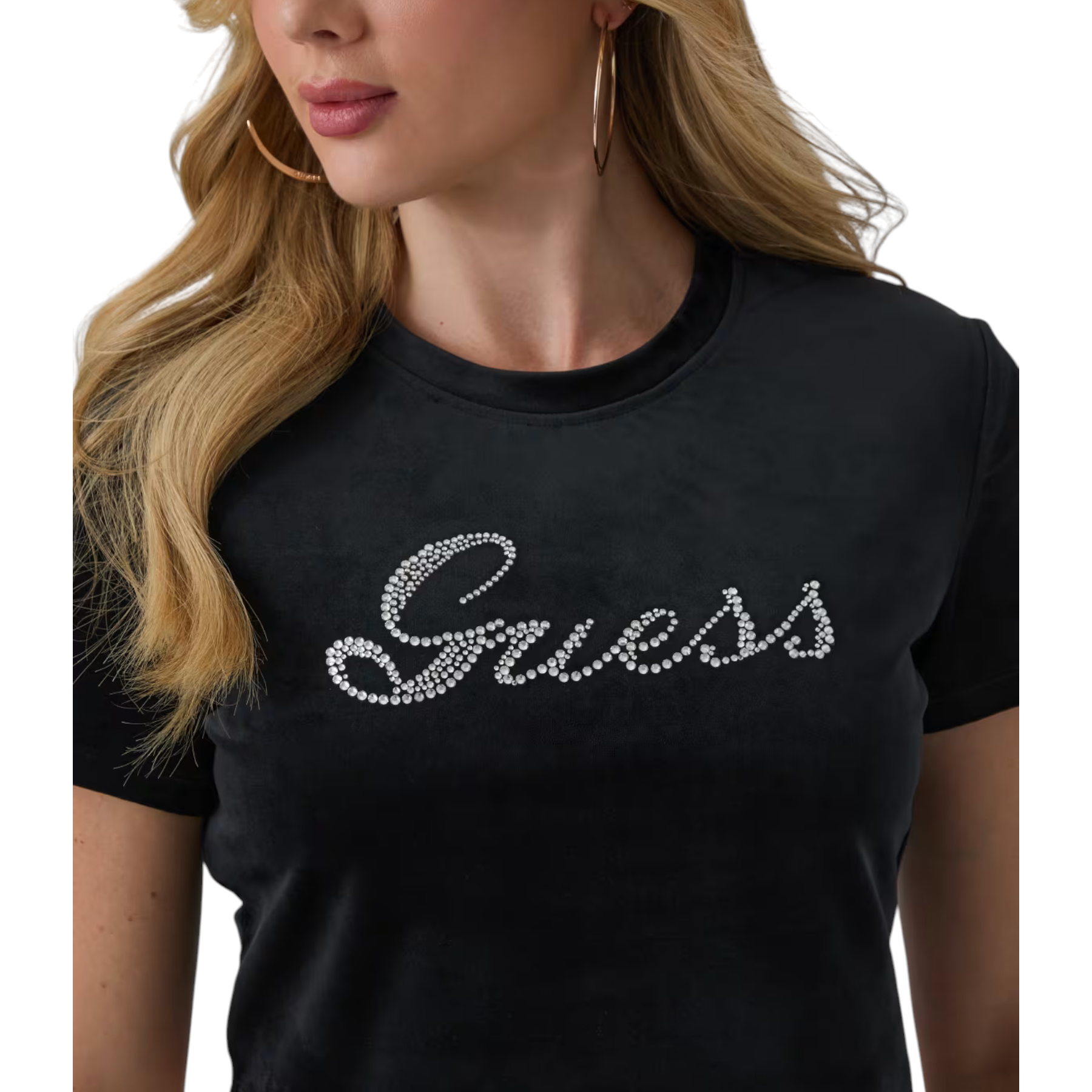 T-shirt in ciniglia con strass donna nero guess
