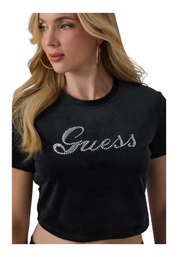 T-shirt in ciniglia con strass donna nero guess