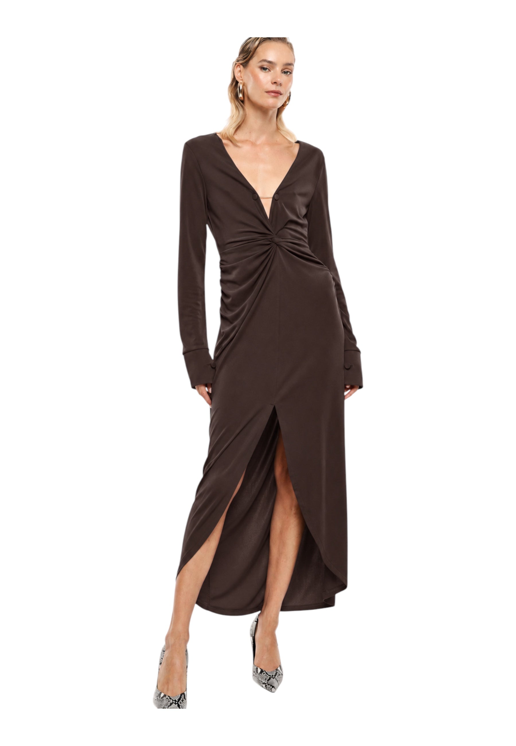Abito lungo arricciato con spacco frontale donna marrone imperial - abiti