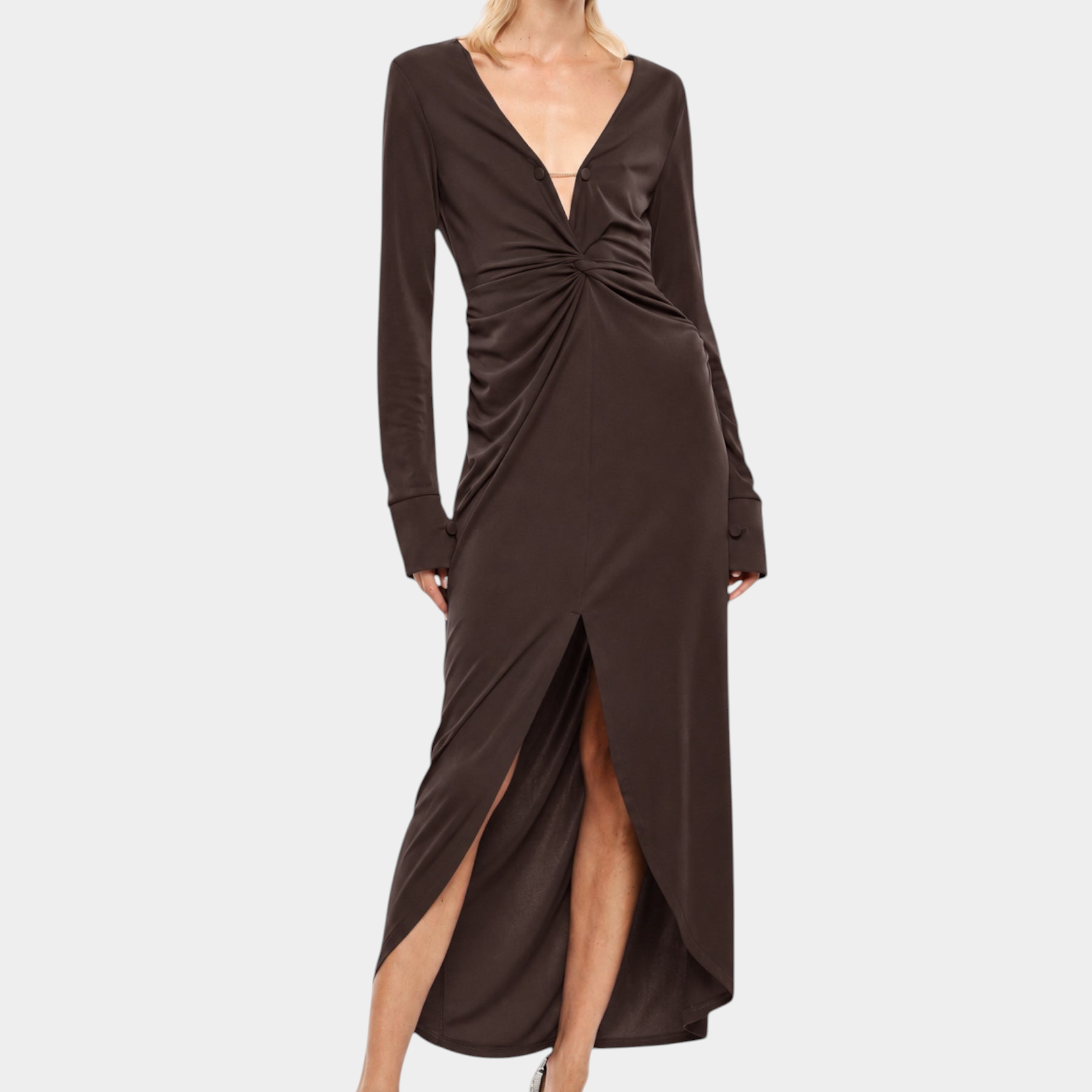 Abito lungo arricciato con spacco frontale donna marrone imperial - abiti