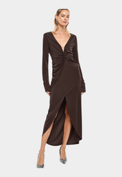 Abito lungo arricciato con spacco frontale donna marrone imperial - abiti