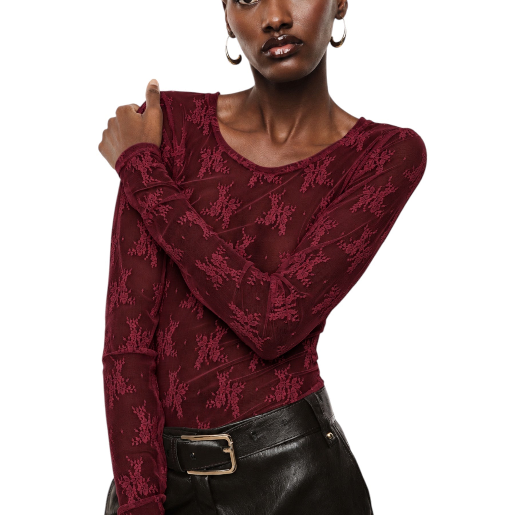 Top trasparente a maniche lunghe donna bordeaux imperial