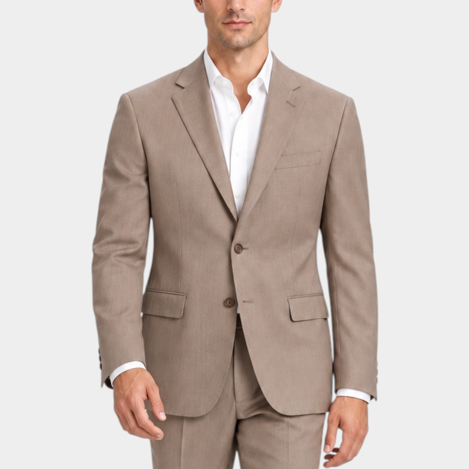Modello indossa un abito monopetto beige GUESS di Follower SRL con camicia bianca e mocassini marroni