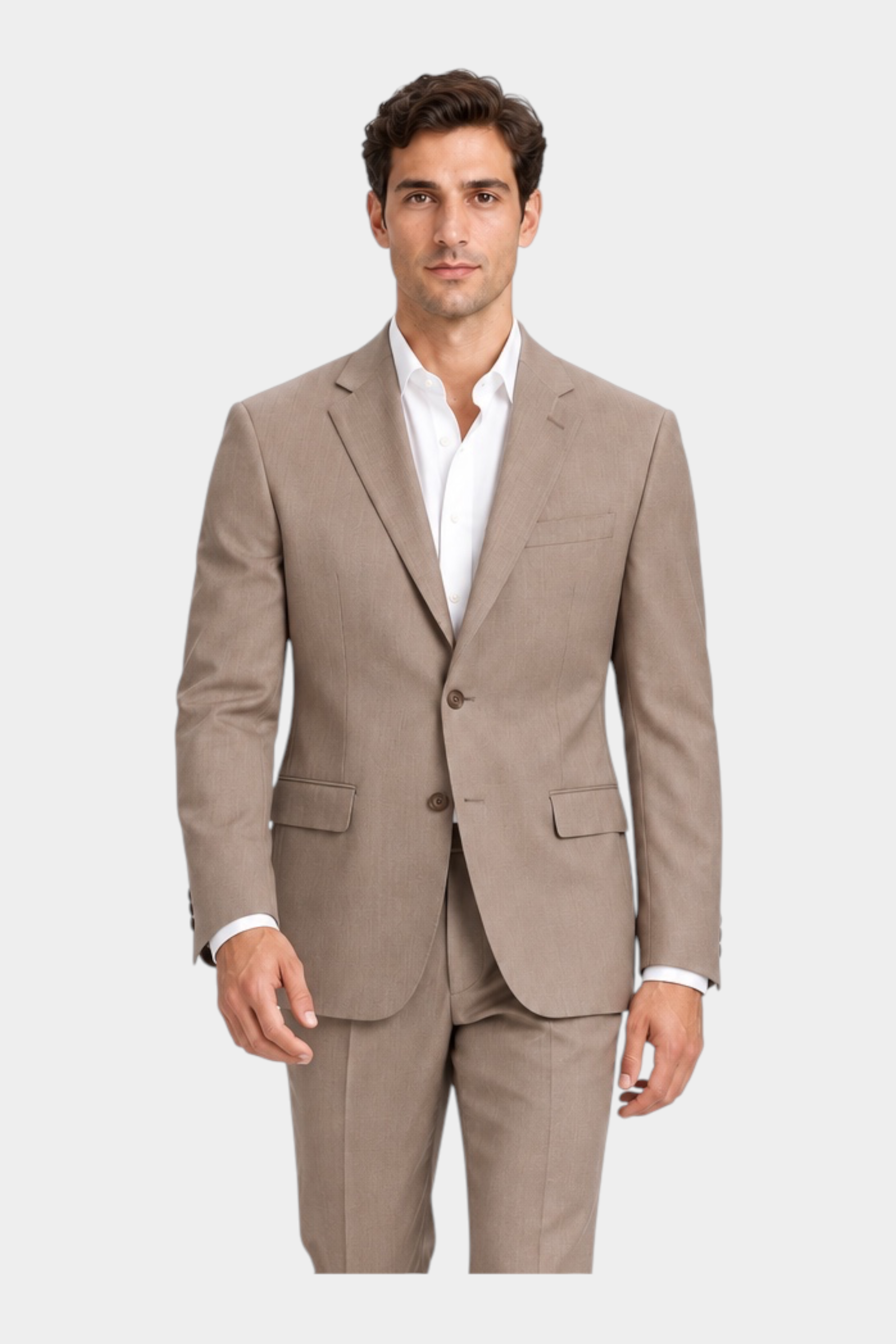 Modello indossa un abito monopetto beige GUESS di Follower SRL con camicia bianca e mocassini marroni