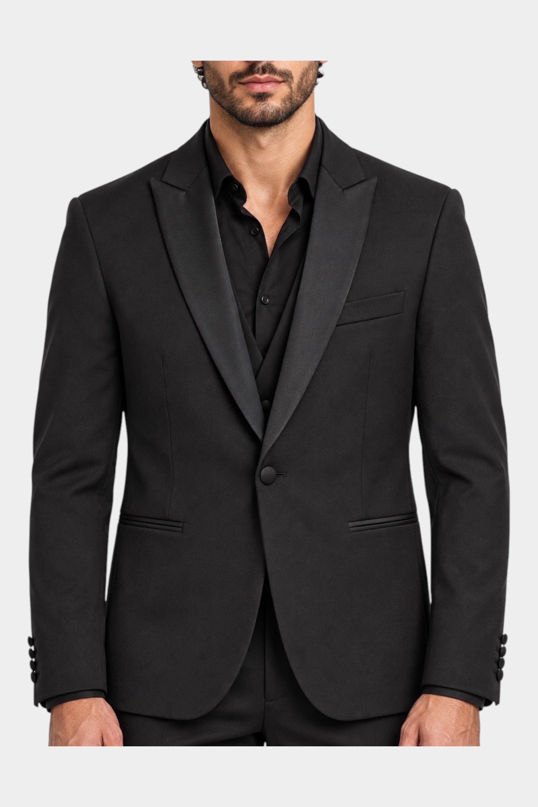 Abito 3 pezzi nero Follower SRL con giacca monopetto e revers in raso, elegante e Made in Italy
