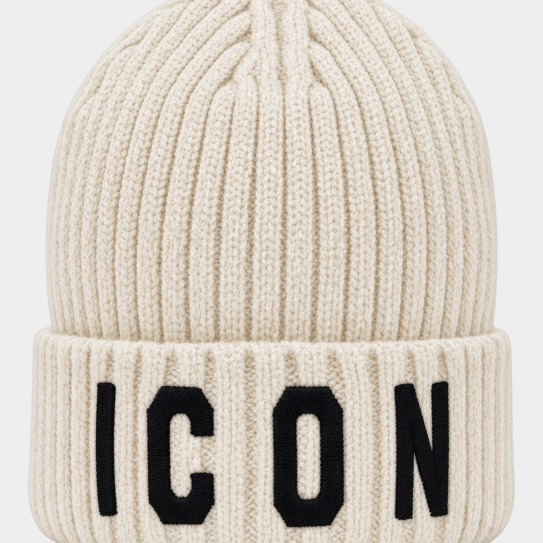 Berretto a cuffia Follower SRL unisex color avorio a coste con scritta ICON nera ricamata sul risvolto