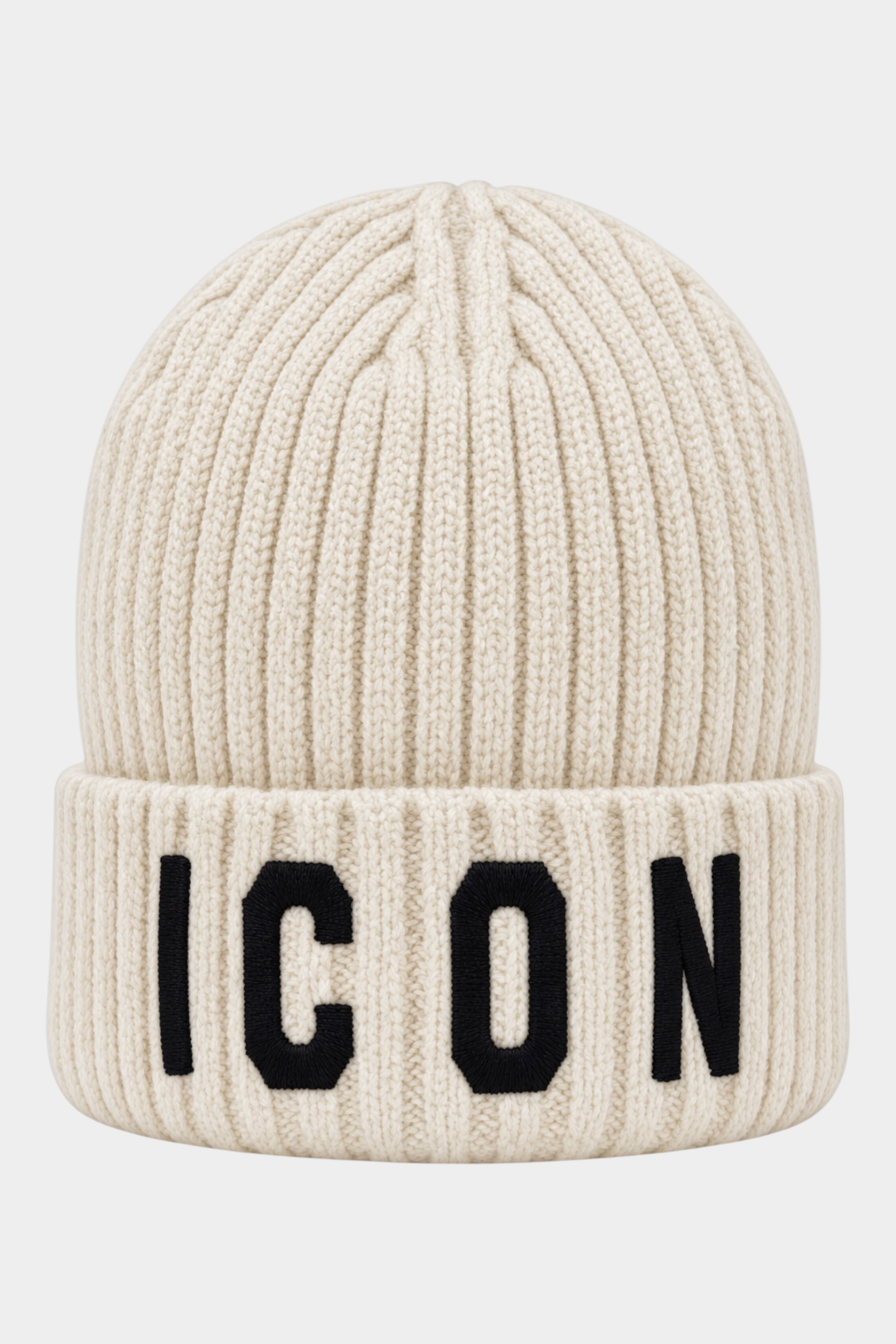 Berretto a cuffia Follower SRL unisex color avorio a coste con scritta ICON nera ricamata sul risvolto