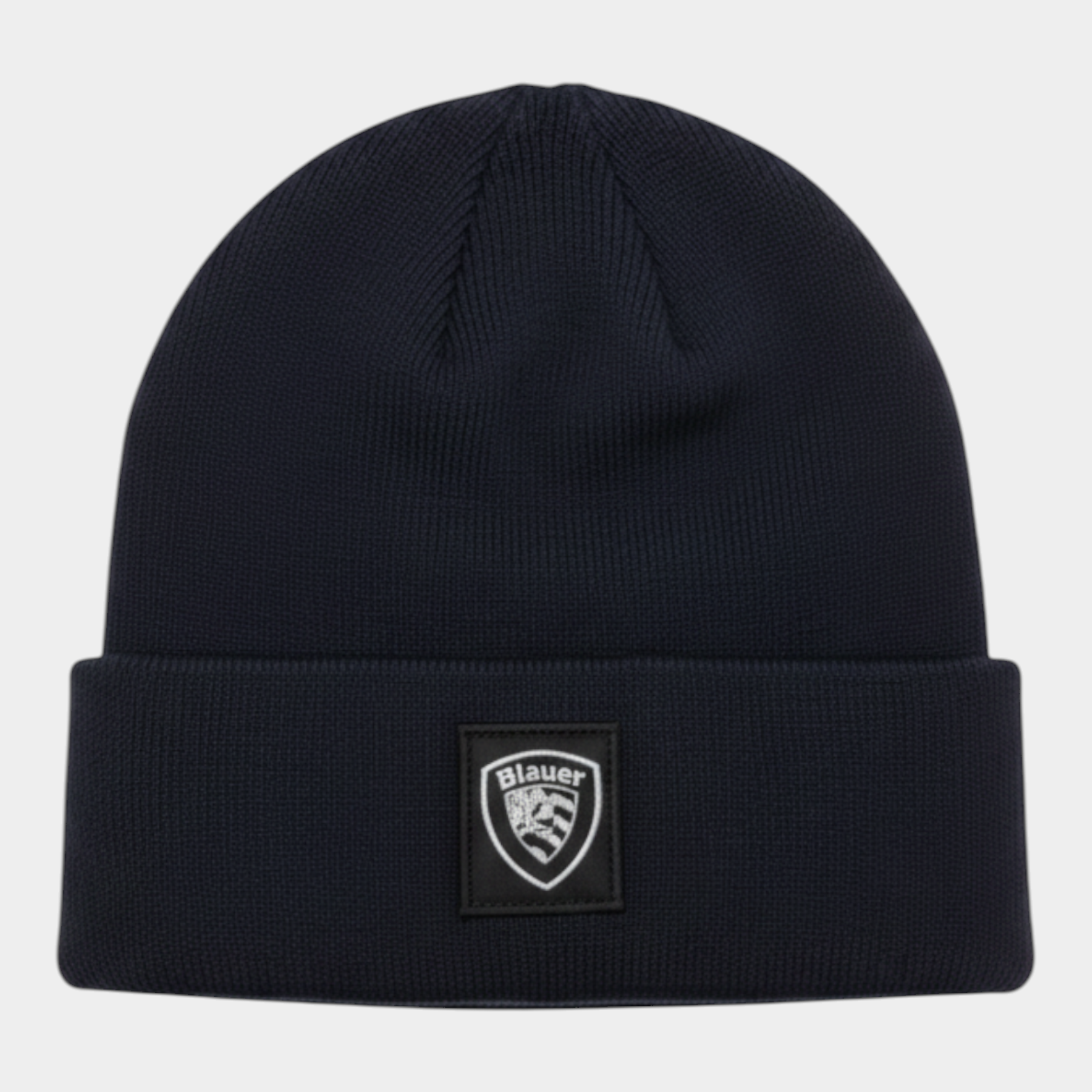 Berretto Follower SRL Blauer in maglia blu a coste con risvolto e logo frontale, misto lana e cashmere.