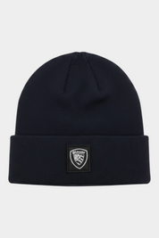 Berretto Follower SRL Blauer in maglia blu a coste con risvolto e logo frontale, misto lana e cashmere.