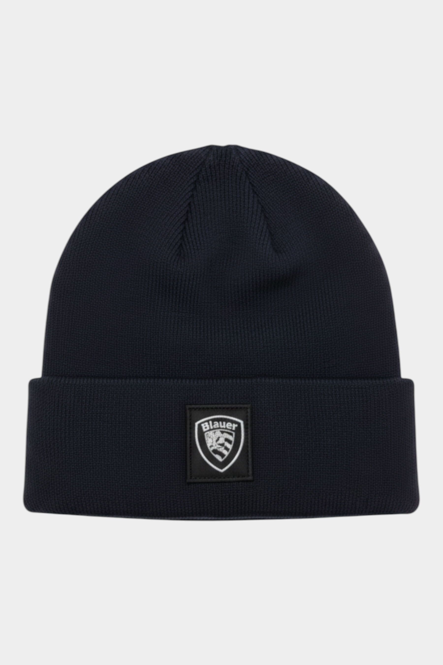 Berretto Follower SRL Blauer in maglia blu a coste con risvolto e logo frontale, misto lana e cashmere.