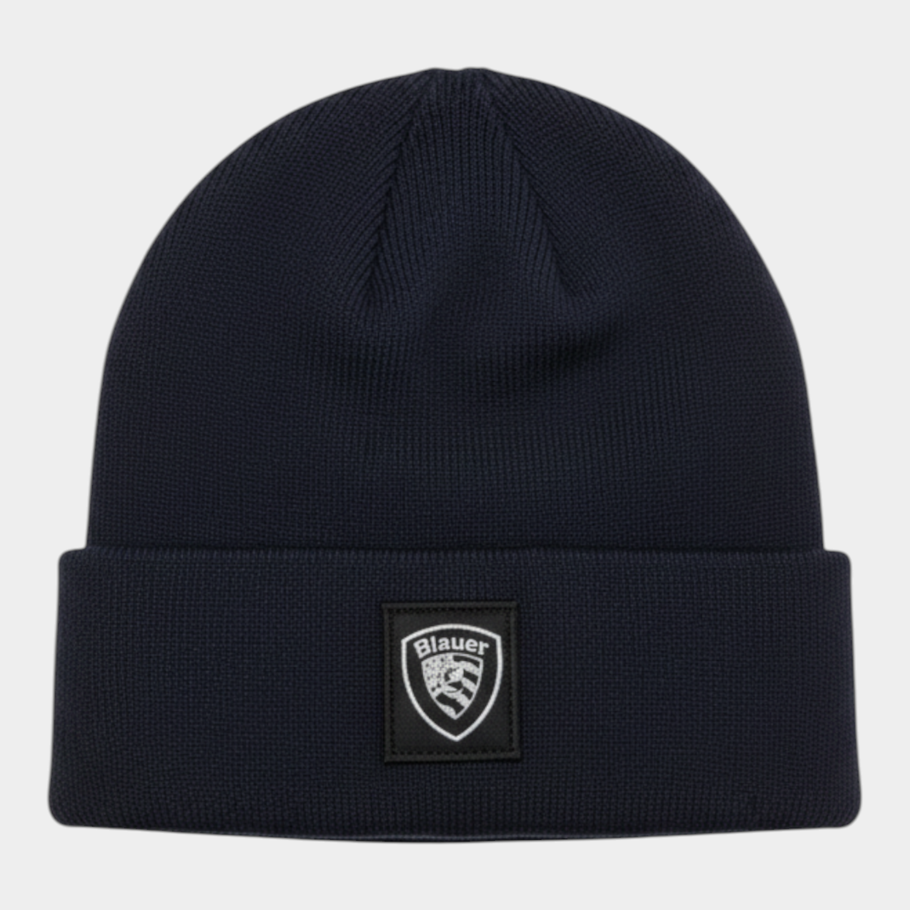 Berretto Follower SRL Blauer blu in misto lana e cashmere a coste con risvolto e logo frontale