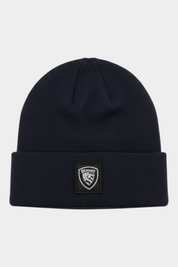 Berretto Follower SRL Blauer blu in misto lana e cashmere a coste con risvolto e logo frontale