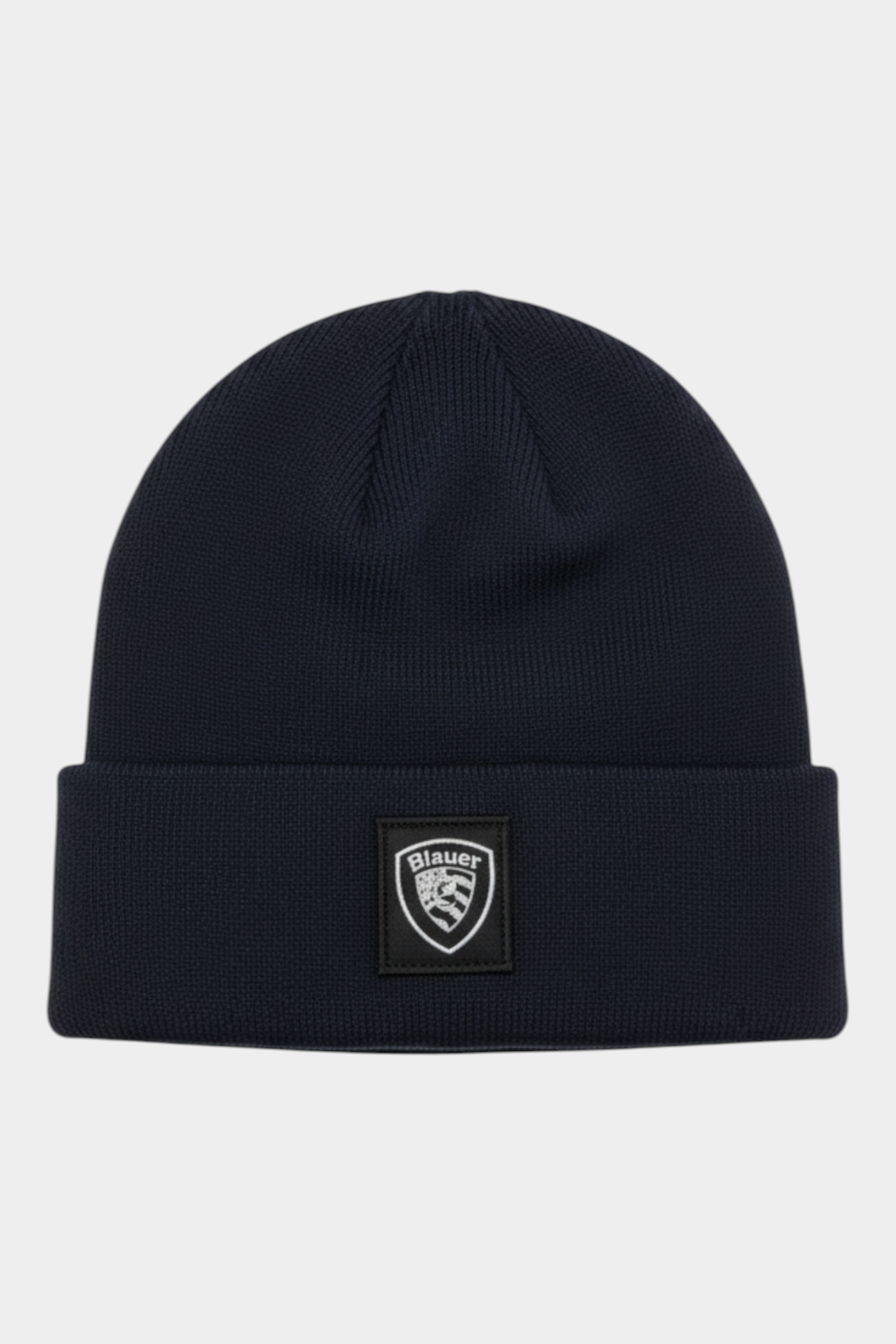 Berretto Follower SRL Blauer blu in misto lana e cashmere a coste con risvolto e logo frontale