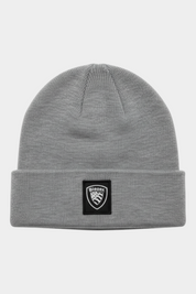 Berretto Follower SRL Blauer grigio in misto lana e cashmere con risvolto e logo frontale