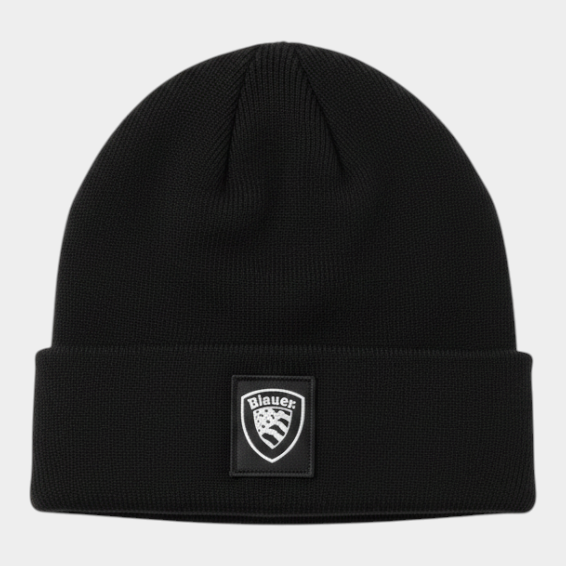 Berretto Follower SRL Blauer nero a coste in misto lana e cashmere con risvolto e logo frontale