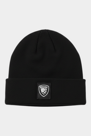 Berretto Follower SRL Blauer nero a coste in misto lana e cashmere con risvolto e logo frontale
