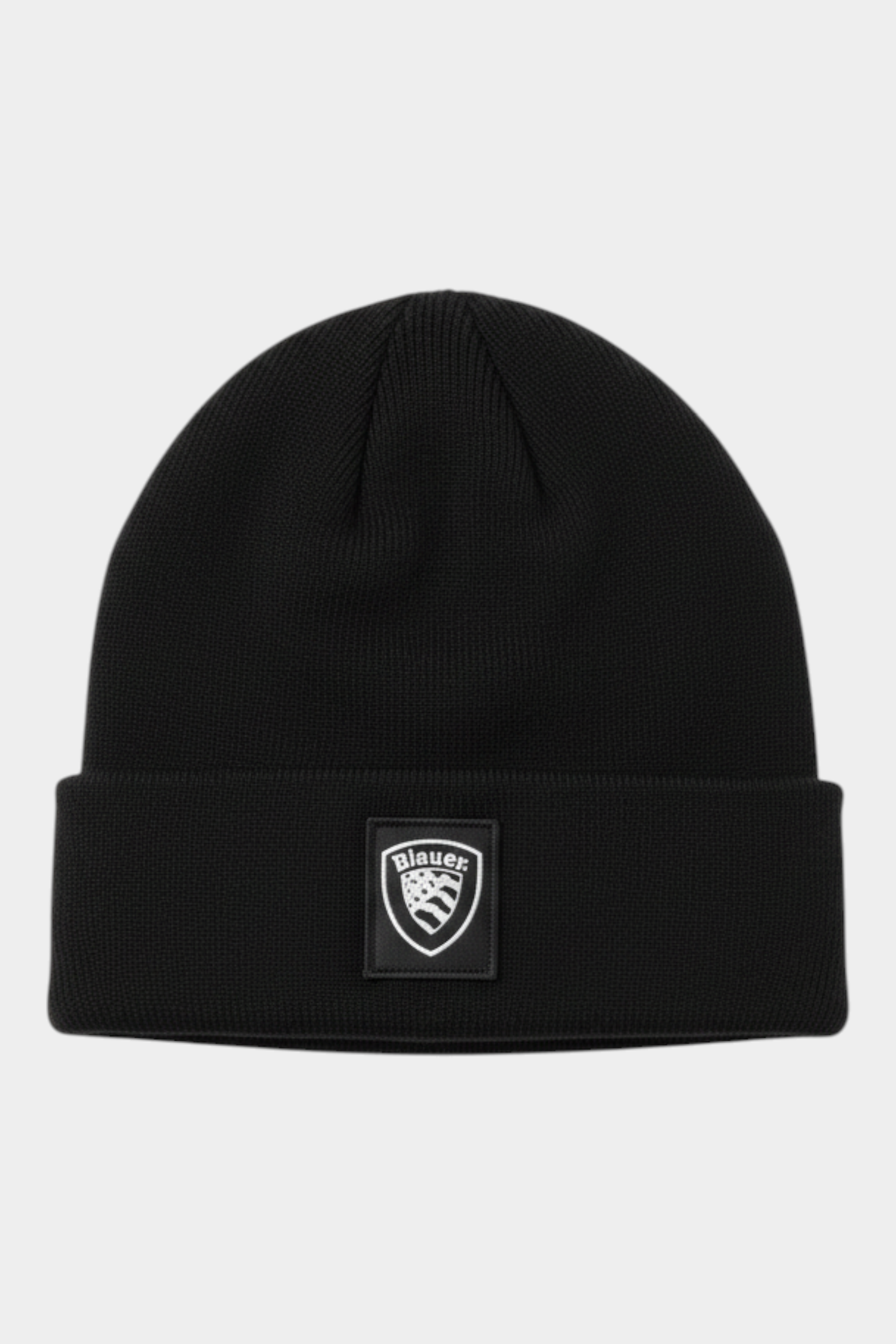 Berretto Follower SRL Blauer nero a coste in misto lana e cashmere con risvolto e logo frontale