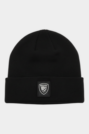 Berretto Follower SRL Blauer nero a coste in misto lana e cashmere con logo frontale