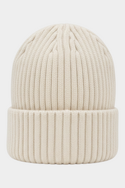 Berretto a cuffia Follower SRL in maglia a costine color avorio con risvolto, design unisex caldo e moderno