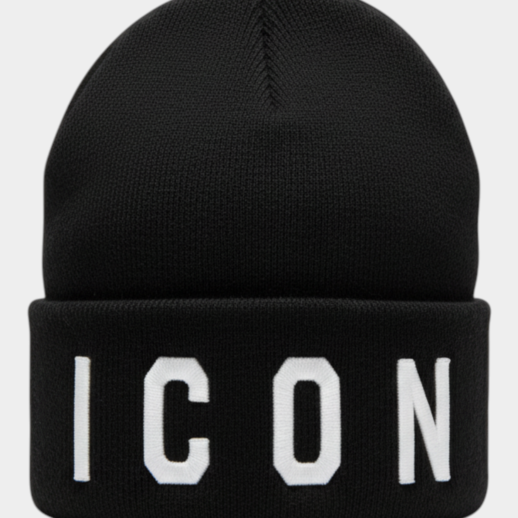 Berretto a cuffia unisex nero Follower SRL con scritta ICON bianca ricamata sul risvolto
