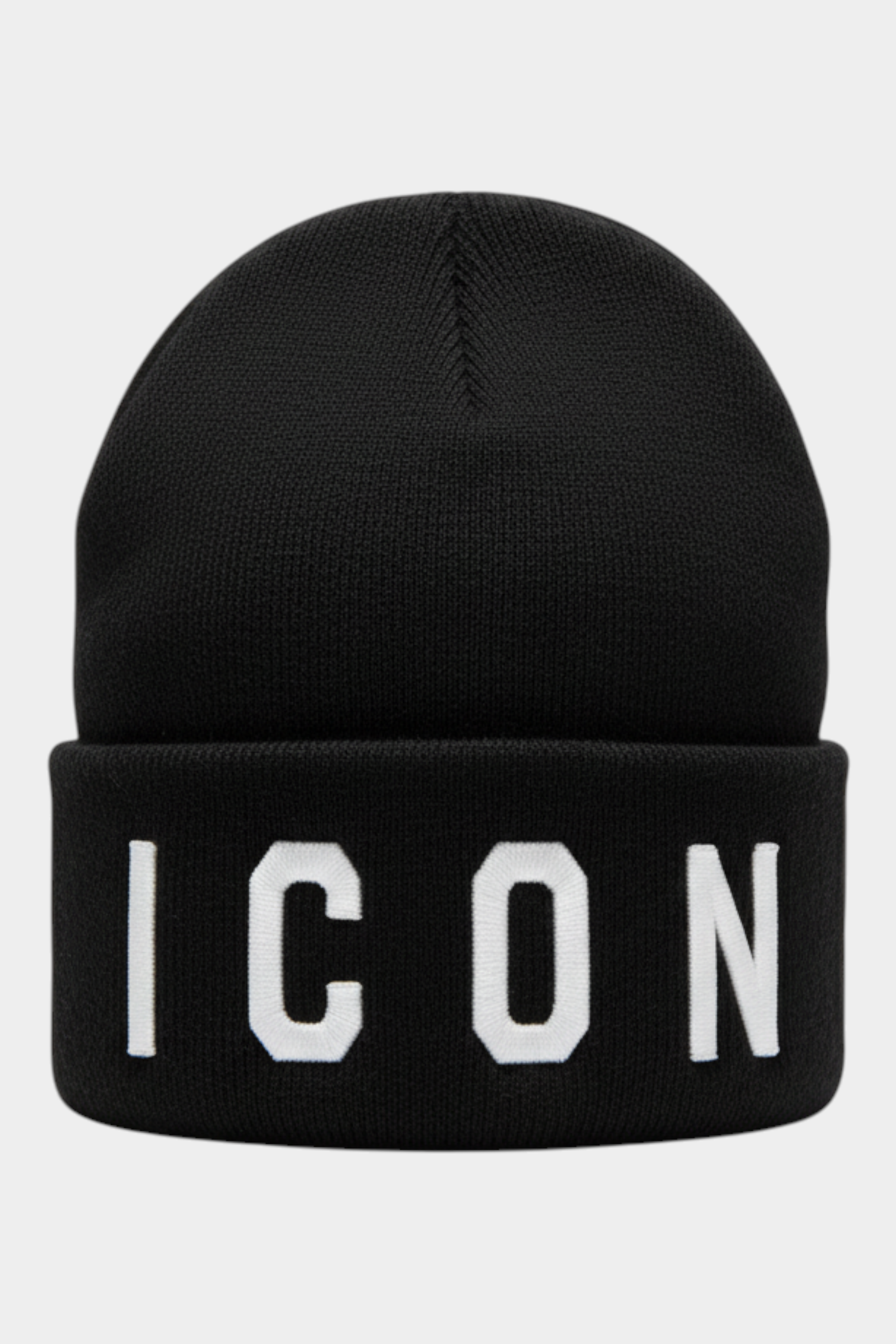 Berretto a cuffia unisex nero Follower SRL con scritta ICON bianca ricamata sul risvolto