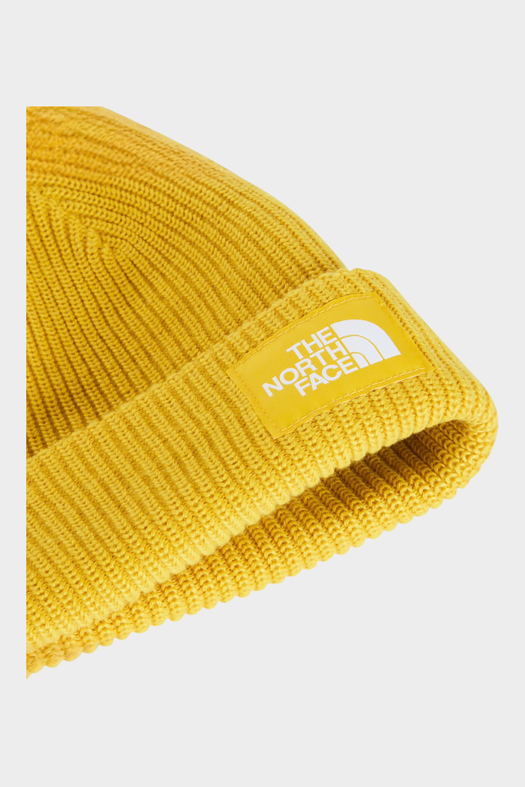 Berretto unisex giallo a coste The North Face con etichetta logo in evidenza, venduto da Follower SRL