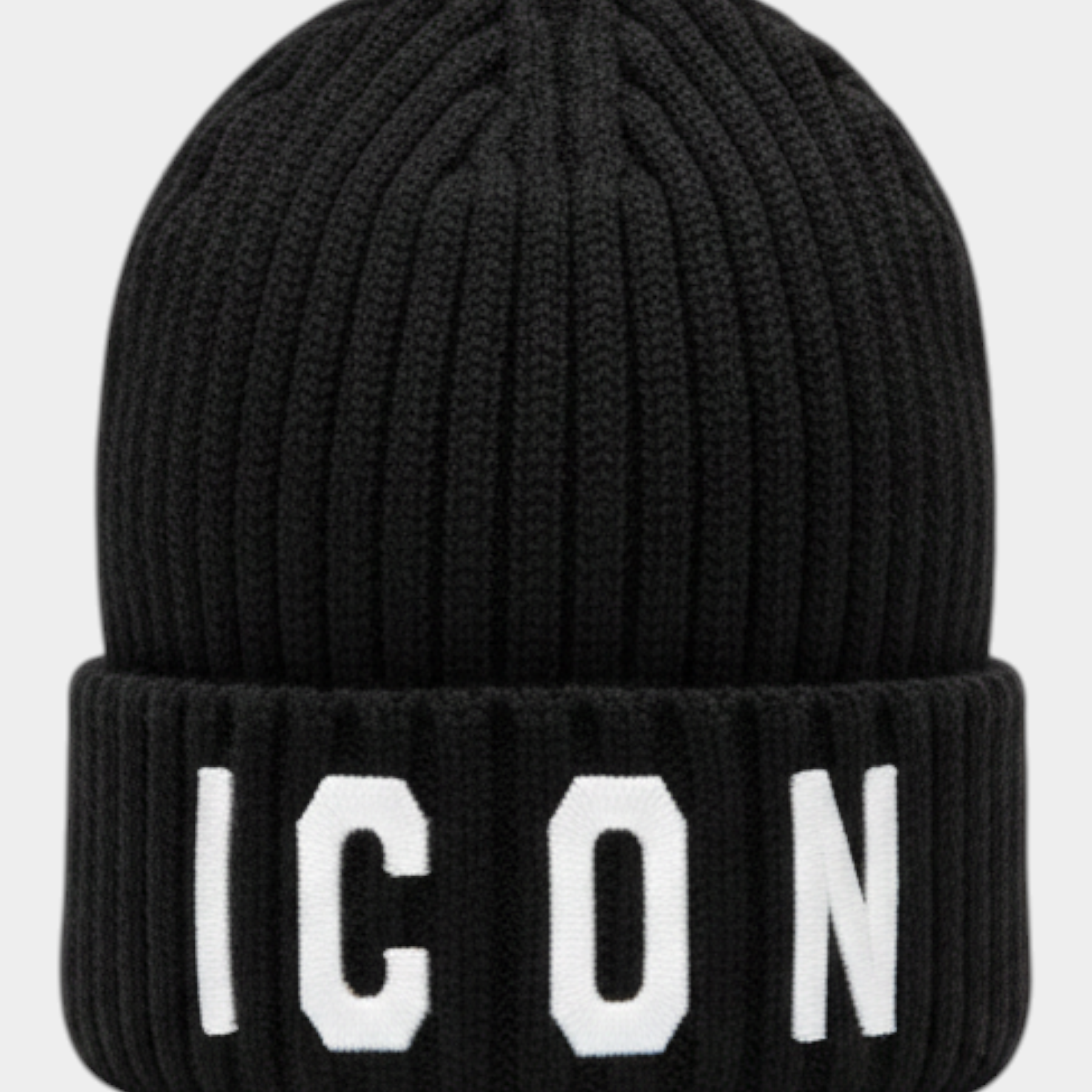 Berretto a cuffia Follower SRL nero a coste con scritta ICON bianca ricamata sul risvolto