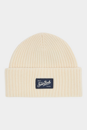 Berretto Follower SRL Sheldon a costine color avorio con patch logo Saint Barth frontale in misto lana