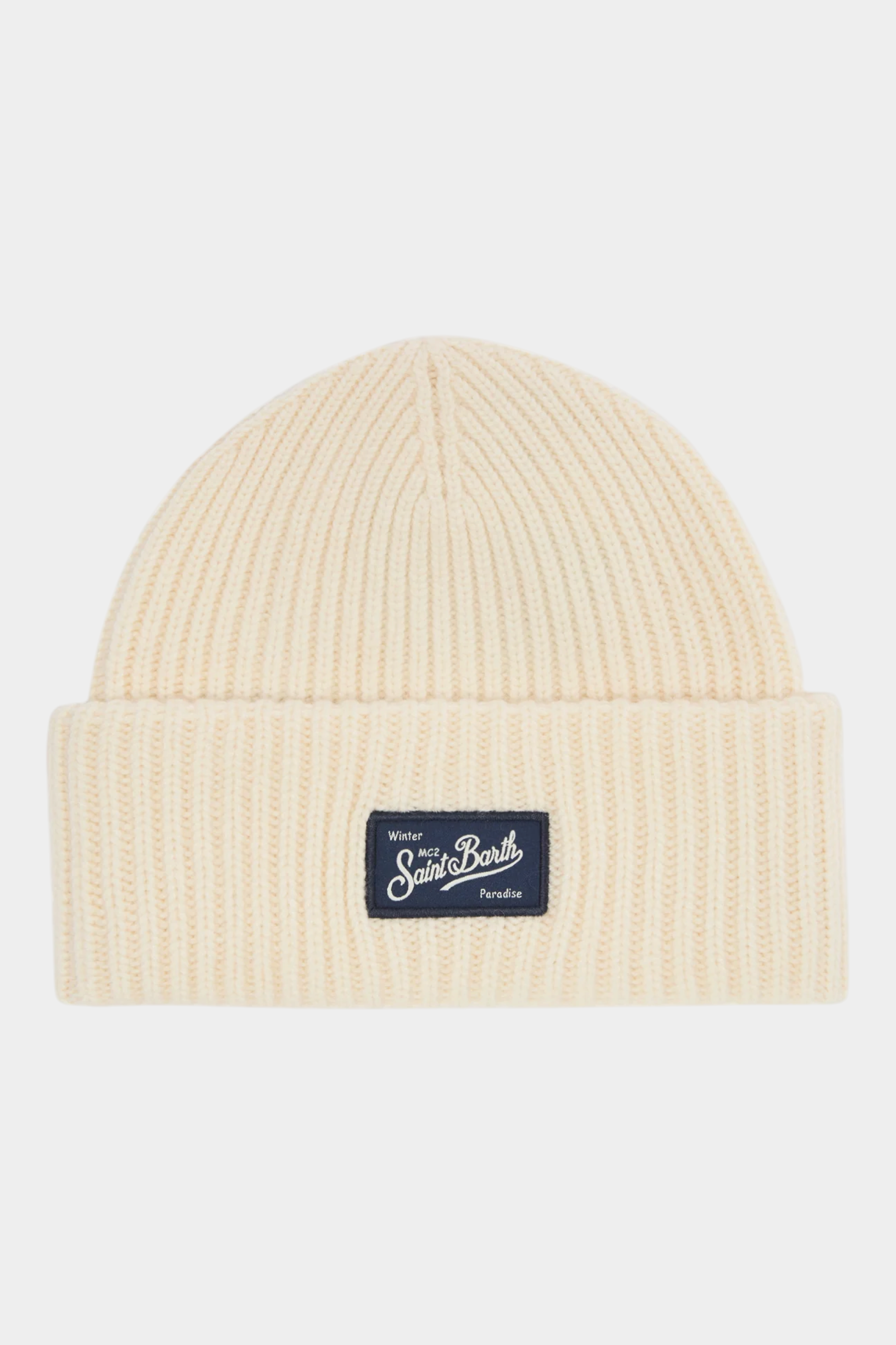 Berretto Follower SRL Sheldon a costine color avorio con patch logo Saint Barth frontale in misto lana