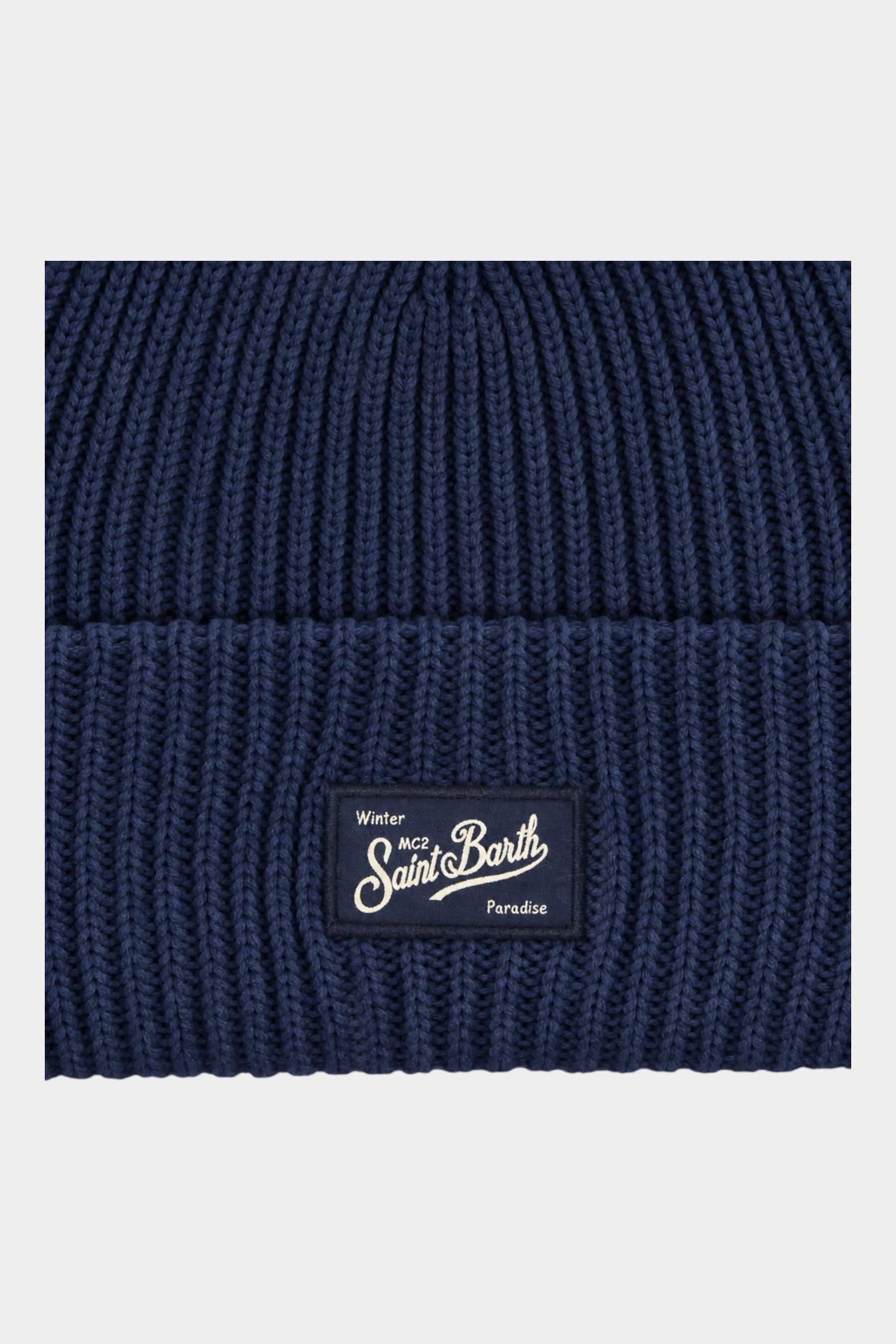 Berretto Follower SRL Sheldon a costine blu navy in misto lana con etichetta logo MC2 Saint Barth