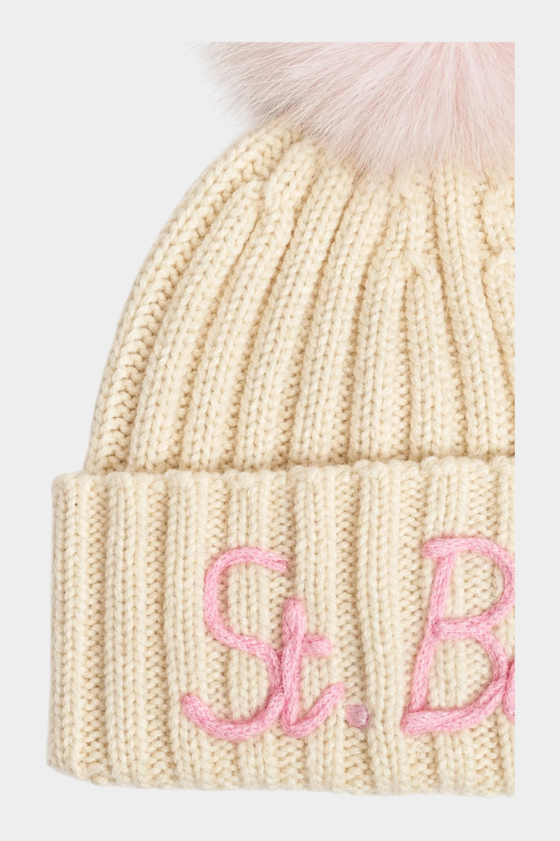 Berretto Follower SRL Wengen color avorio a costine con pompon e ricamo rosa per bambina