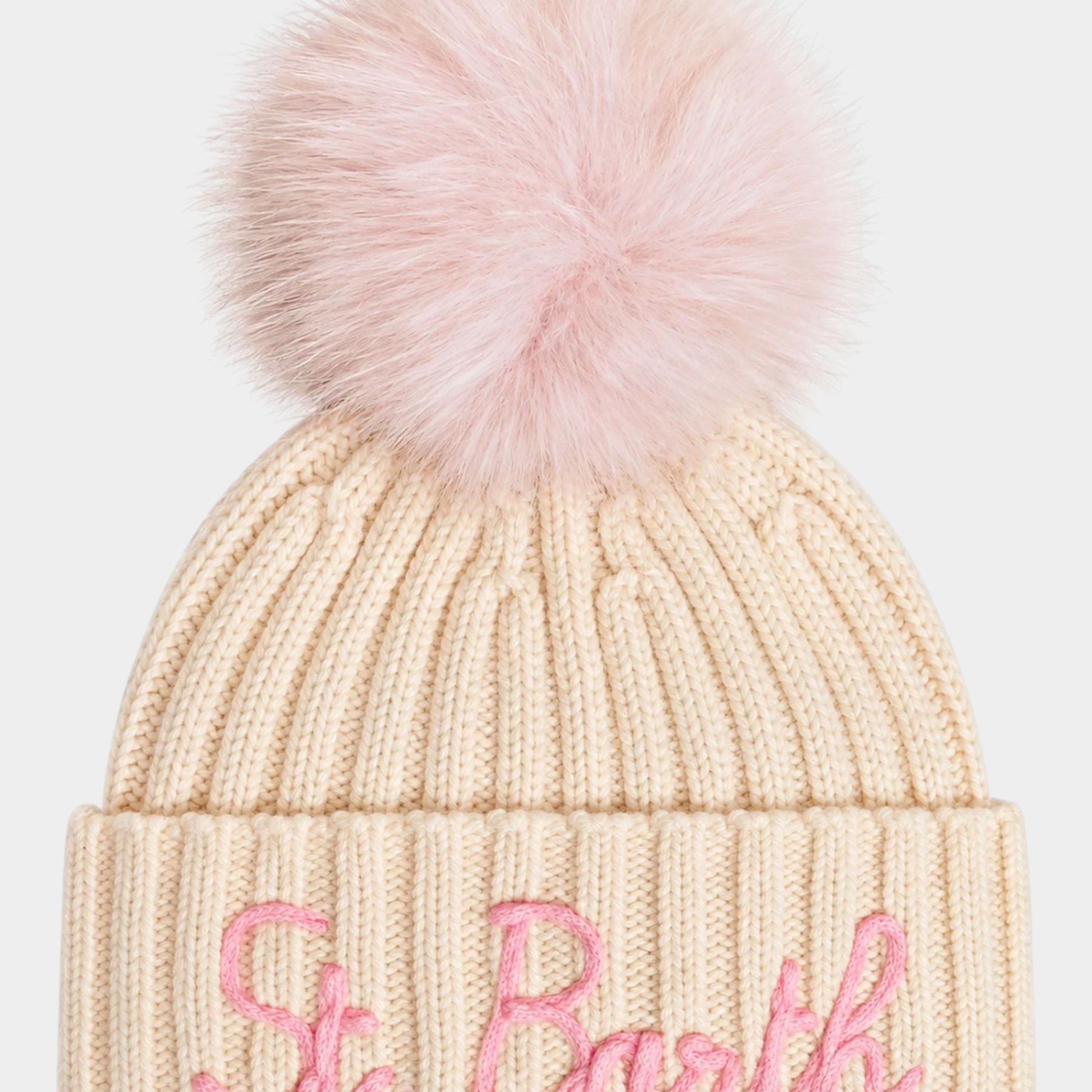 Berretto Follower SRL Wengen avorio a costine con ricamo rosa e pompon in pelliccia sintetica per bambina